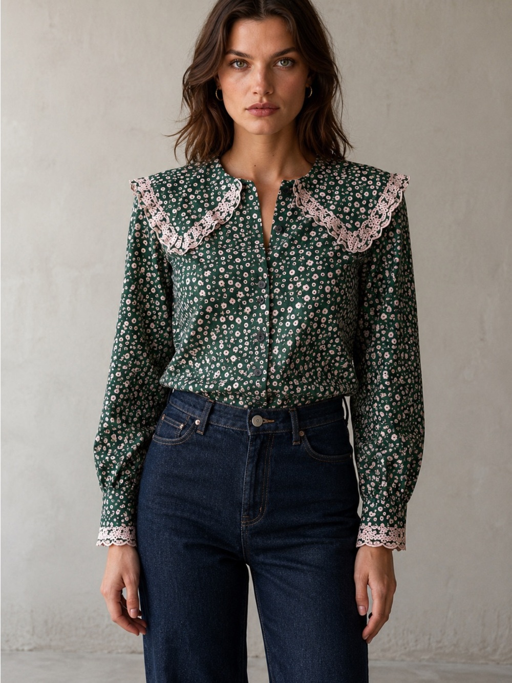 Boden 100% Cotton Floral Blouse Embroidered Lace Collar Green US 6